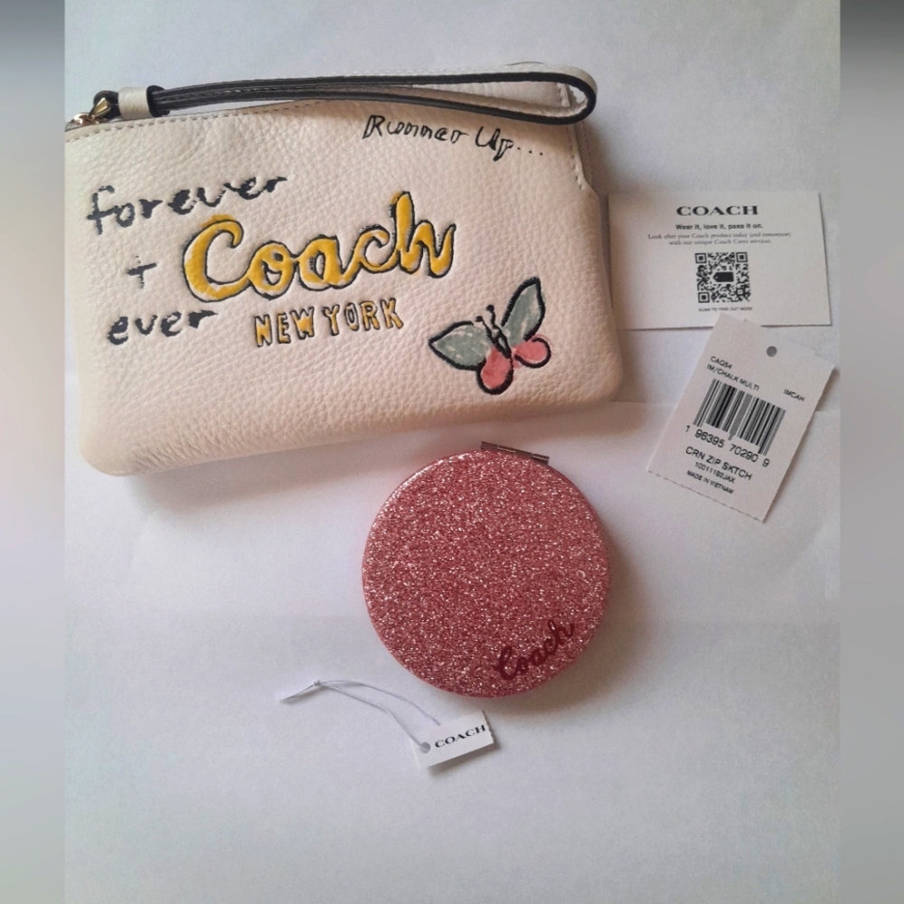 New Coach Sketch Wristlet & 2 Color Sided Compact Mirror -New With Tags